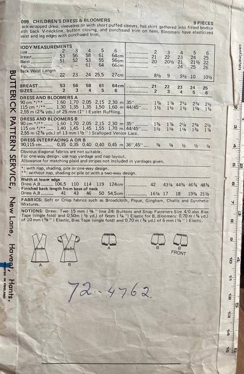 Sewing pattern Butterick 3099, childrens dress & bloomers, size 3
