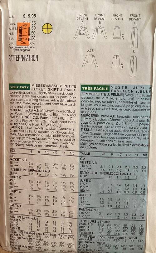 Sewing pattern Butterick 3763, ladies petite jacket, skirt & pants, size 12-16