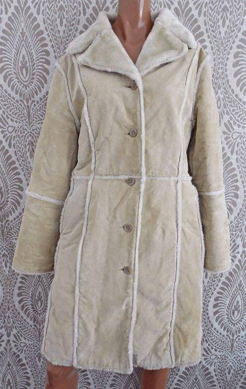 Vintage Beige Genuine Suede & Faux Sheepskin Shearling Coat* Very Warm*Size L/XL