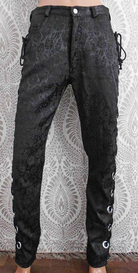 Vintage 80's Black Floral Brocade Pants* Lace-up Sided*Silver Eyelets* Size M