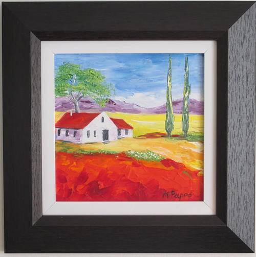 Farmhouse 1, framed oil painting by Mary Papas