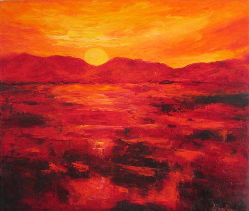 Mountain Sundown, framed oil painting by artist Mary Papas