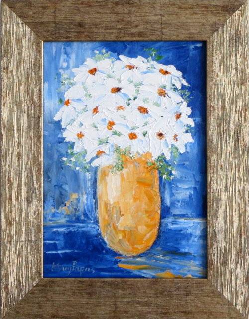 White Daises in a Vase , framed  oil painting by Mary Papas