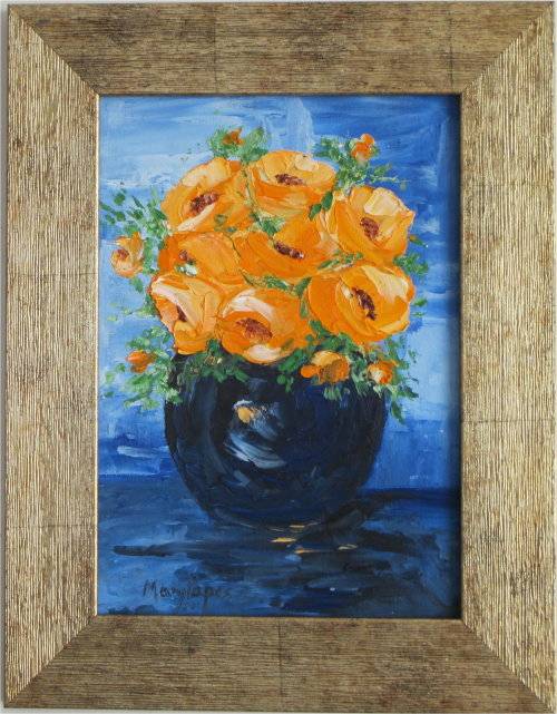 Yellow Blooms in a Vase , framed  oil painting by Mary Papas