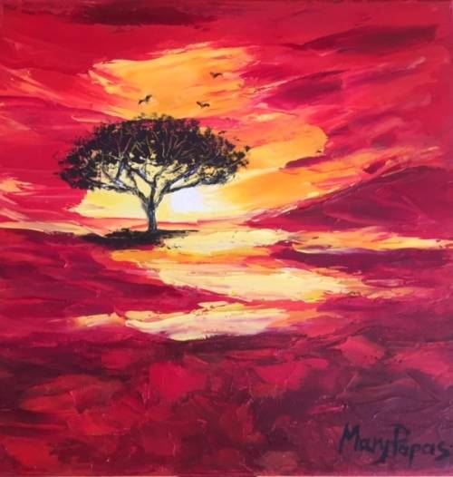 Sundown Tree 2, oil painting by artist Mary Papas