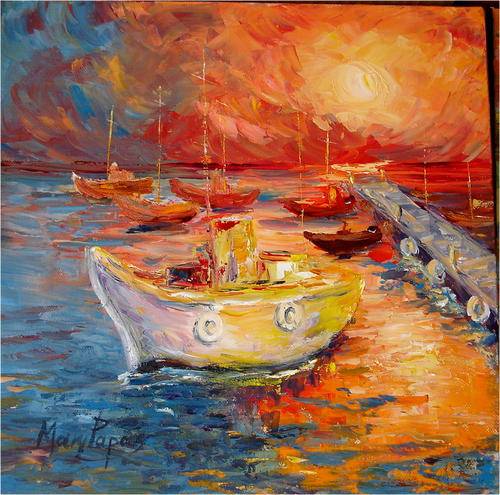 Harbour Sundown, oil painting by Mary Papas
