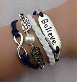 Believe, pearl wings and infinity bracelet (Navy blue & white)