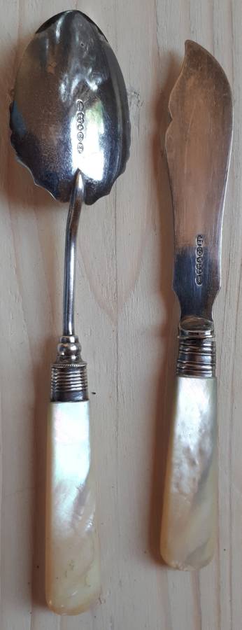 Butter knife with hallmarked cuff dated 1923 Sheffield + Spoon also 1923.