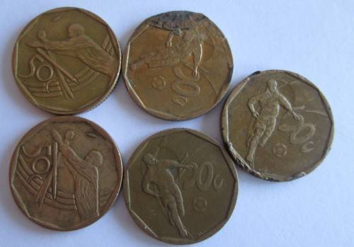 2002 FIFTY CENTS SOUTH AFRICA CRICKET/SOCCER (x5 COINS)