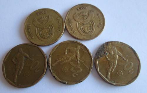 2002 FIFTY CENTS SOUTH AFRICA CRICKET/SOCCER (x5 COINS)
