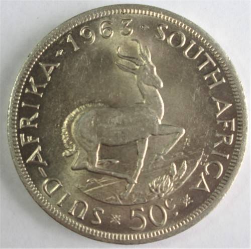REPUBLIC OF SOUTH AFRICA 1963 50 CENTS (CROWN) SILVER
