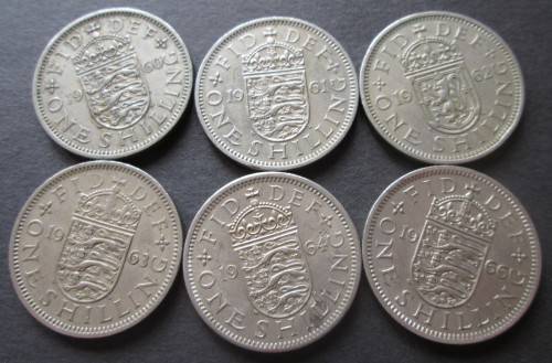 ONE SHILLING GREAT BRITAIN x6 COINS (LOT) 1960 - 1964/1966
