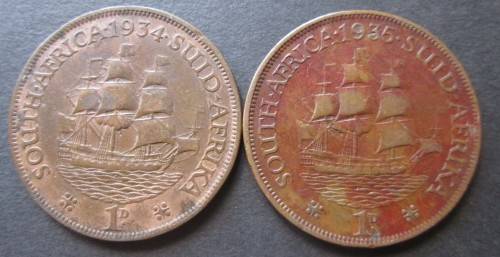1D PENNY UNION OF SOUTH AFRICA x2 (LOT) 1934/1935