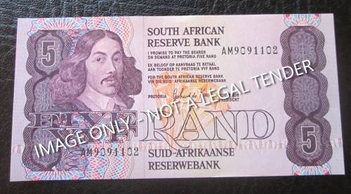 5 RAND REPUBLIC OF SOUTH AFRICA BANKNOTE SERIAL Nr AM9091102 - RAK217
