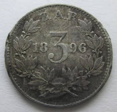 3 PENCE 1896 ZAR *SILVER* COIN - RAKC/27
