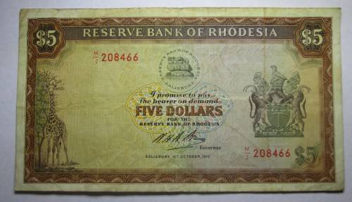 5 DOLLAR 1972 RESERVE BANK OF RHODESIA SERIAL No M2 208466 WATERMARK CECIL RHODES - RAKN/73