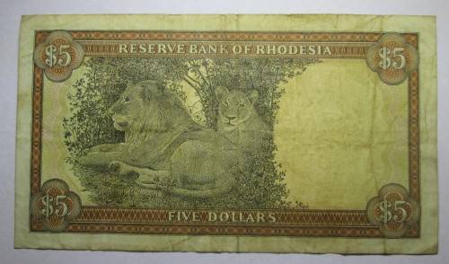 5 DOLLAR 1972 RESERVE BANK OF RHODESIA SERIAL No M2 208466 WATERMARK CECIL RHODES - RAKN/73