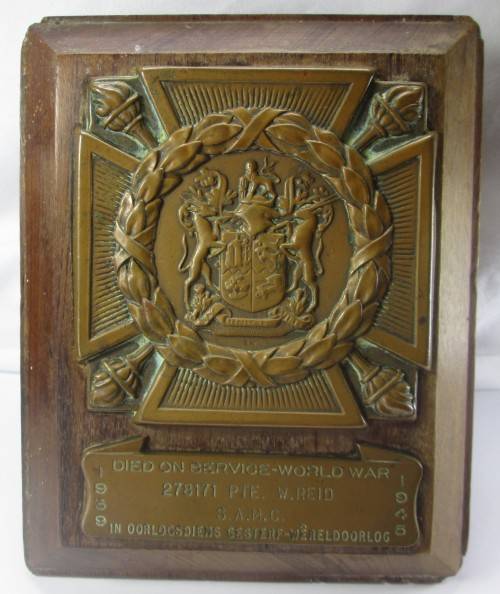 WWII 1939-1945 PLAQUE OF PTE W. REID S.A.M.C No 278171 DIED ON SERVICE WORLD WAR - RAKM/130