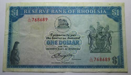 ONE DOLLAR 1979 RESERVE BANK OF RHODESIA BANKNOTE SERIAL *ZIMBABWE BIRD* No L122 768689 - RAKN/188