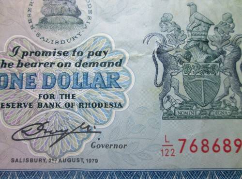 ONE DOLLAR 1979 RESERVE BANK OF RHODESIA BANKNOTE SERIAL *ZIMBABWE BIRD* No L122 768689 - RAKN/188