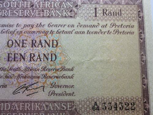 ONE RAND SOUTH AFRICA BANKNOTE SERIAL No A64 334322 WATERMARK van RIEBEECK - RAKN/16