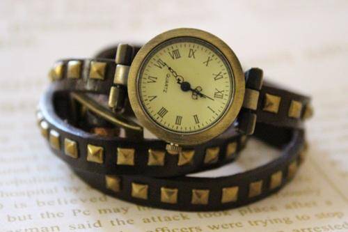 Leather studded wrap around Vintage Style Wristwatch - Coffee