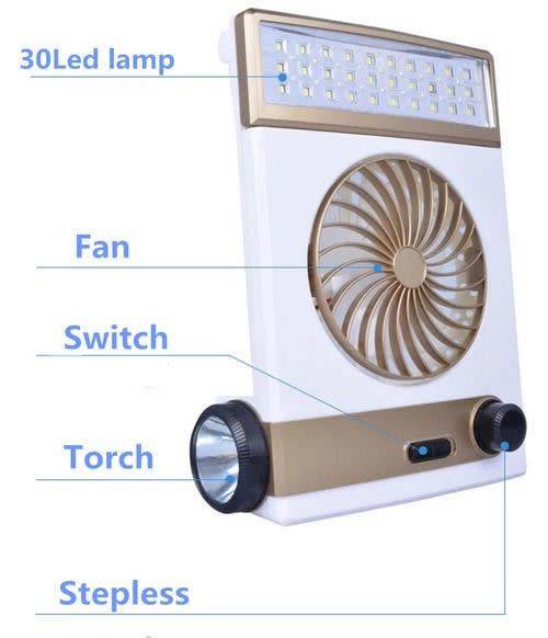 4 IN 1- MULTIFUNCTION PORTABLE SOLAR RECHARGEABLE FAN WITH LED LAMP/ FLASHLIGHT/DC OUT