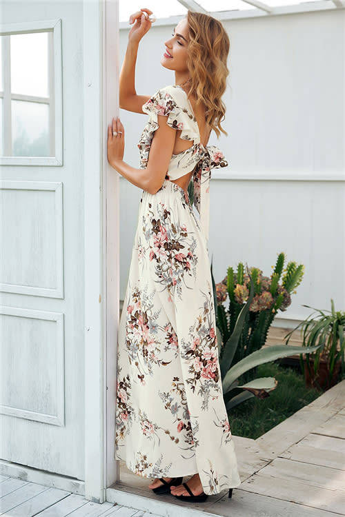 Ruffle backless bow print long dress Women v neck tie up summer dress female Casual beach chic boho