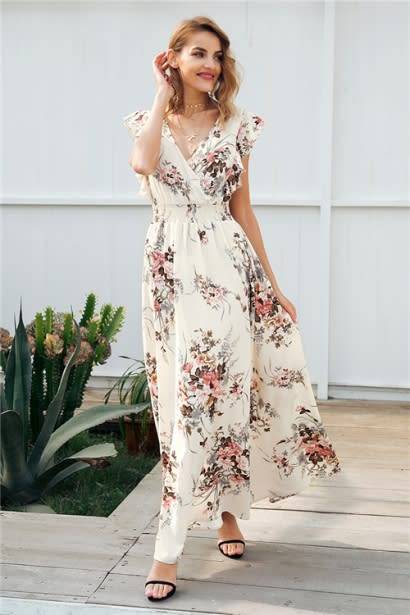 Ruffle backless bow print long dress Women v neck tie up summer dress female Casual beach chic boho