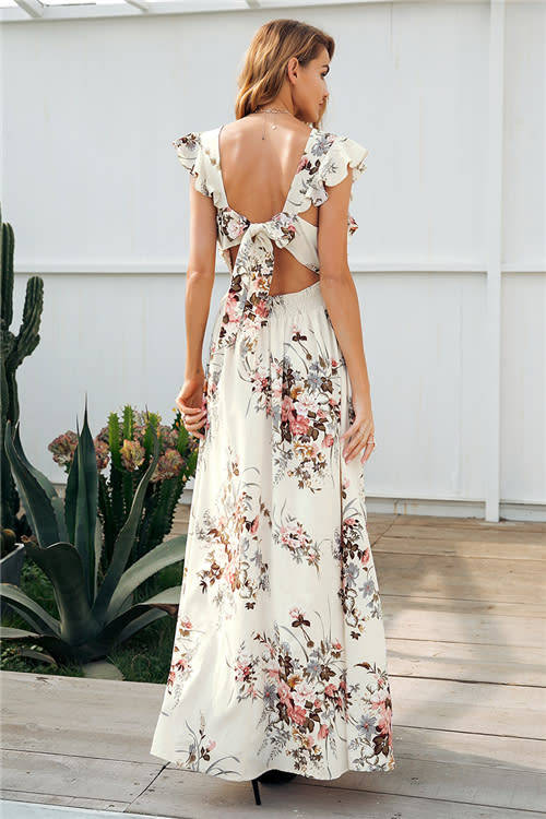 Ruffle backless bow print long dress Women v neck tie up summer dress female Casual beach chic boho