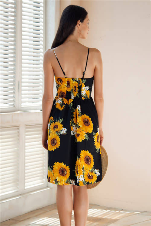 Strap v neck summer dress women Sunflower print backless casual dress vestidos Smocking high waist m