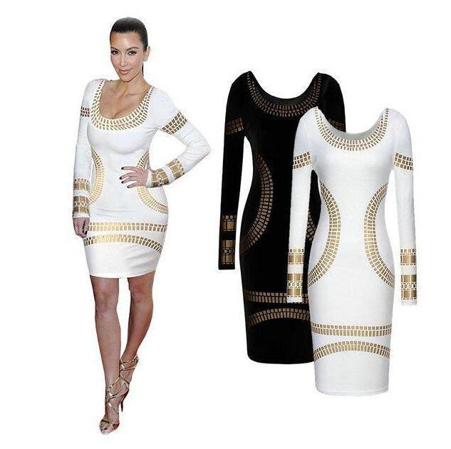 KIM KARDASHIAN  WOMEN BRONZIER PRINT LONG SLEEVE SEXY BODYCON PENCIL CELEBRITY DRESSES