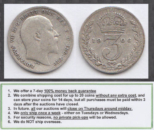 Crazy R1 Start! Great Britain, Sterling SILVER Three Pence of King Edward VII of 1906