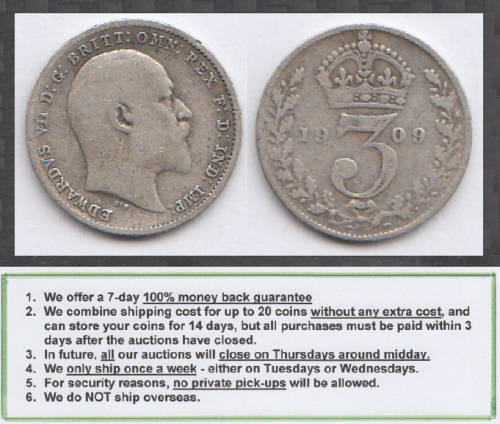 Crazy R1 Start! Great Britain, Sterling SILVER Three Pence of King Edward VII of 1909