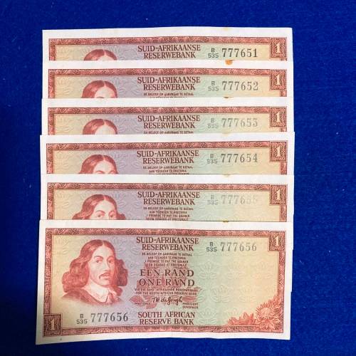 South  African TW de Jongh R1 Notes (6) in consecutive order (spot at top CRISP)