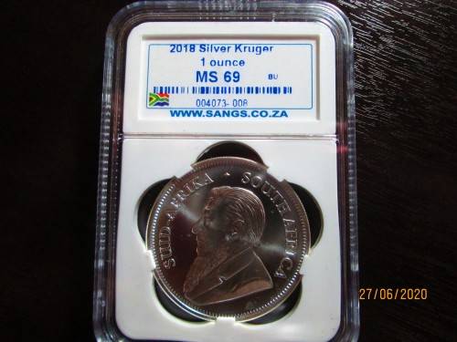 ( LOW START )   2018  TOP MINTSTATE GRADE MS69  1oz 999.9%  PURE SOLID SILVER KRUGERRAND