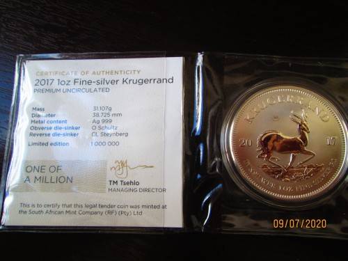 ( LOW START )  FIRST YEAR RELEASE  2017  PURE SILVER KRUGERRAND  " PRIVY / MINTMARK "   MINT C.O.A