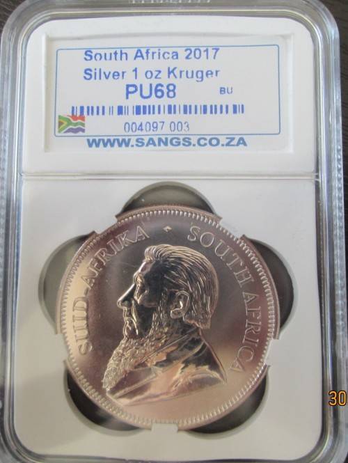 ( LOW START )   2017  FIRST YEAR   KRUGERRAND   GRADE PU68    1oz  999.9%  PURE  SILVER