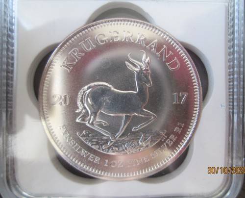 ( LOW START )   2017  FIRST YEAR   KRUGERRAND   GRADE PU68    1oz  999.9%  PURE  SILVER