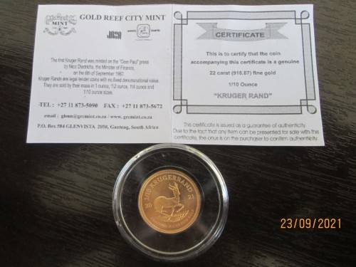2021    1/10oz  GOLD BULLION   KRUGERRAND    CAPSULED  AND    AUTHENTICATED
