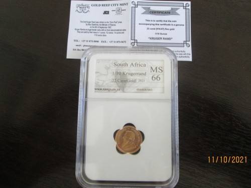 2021    1/10oz  MINTSTATE  MS66   GOLD BULLION   KRUGERRAND   AUTHENTICATED