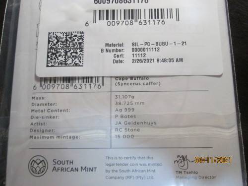 2021    BIG 5 SERIES      CAPE BUFFALO       BRILLIANT SILVER           ( STILL SEALED )