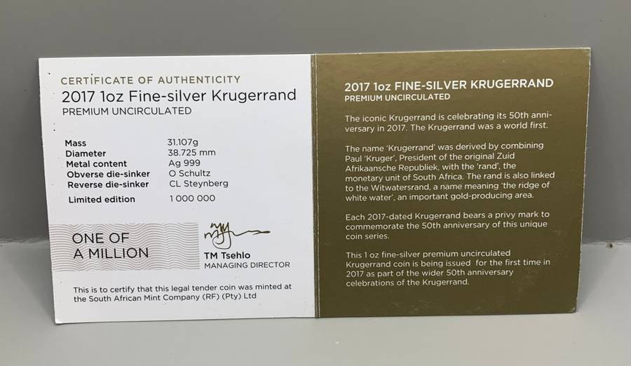 (  2017  PRIVI  )  RSA  50th  ANNIVERSARY  PREMIUM  UNC. SILVER KRUGERRAND    CERT. INCL