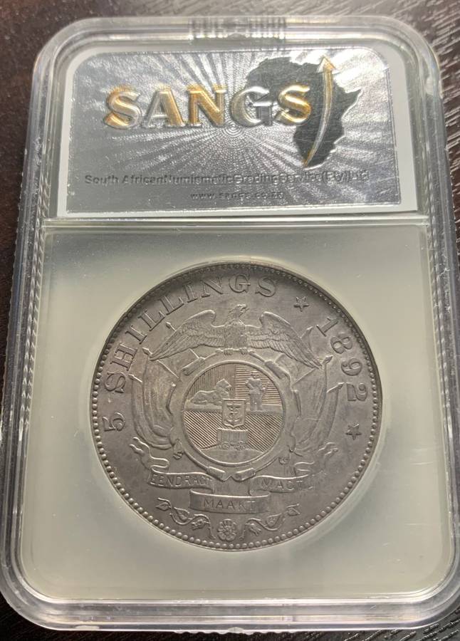 (  LOW MINTAGE  )  1892   ZAR   SINGLE SHAFT    PRE-WAR    SILVER 5 SHILLINGS   GRADED   EF- AU 55