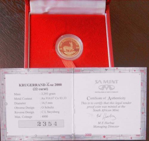 (((  CRAZY ONE RAND  )))...2000...KRUGERRAND...1/10oz.....22ct.....GOLD...PROOF