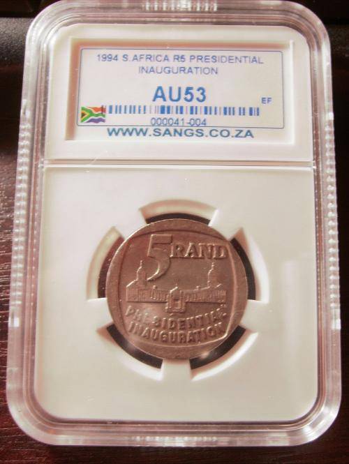 ((((  CRAZY ONE RAND ))))...ALMOST UNC...AU53....1994  R5 COIN.....MANDELA'S  INAUGURATION.