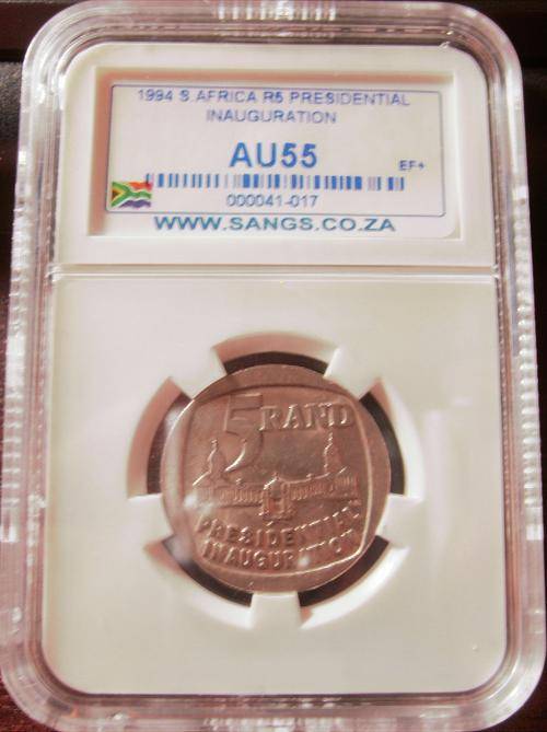 ((((  CRAZY ONE RAND ))))....ALMOST UNC....AU55...1994  R5 COIN.....MANDELA'S  INAUGURATION.