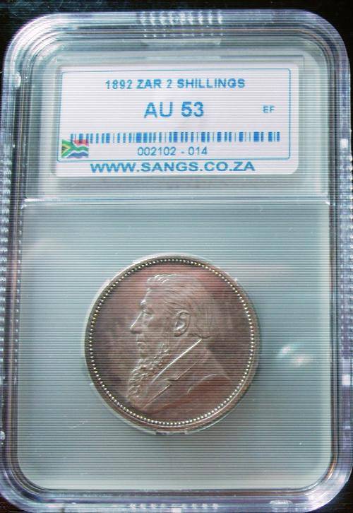 RARE 1892...ZAR..SILVER TWO SHILLINGS....GRADED ALMOST UNCIRCULATED...AU53...STARTS @ R1