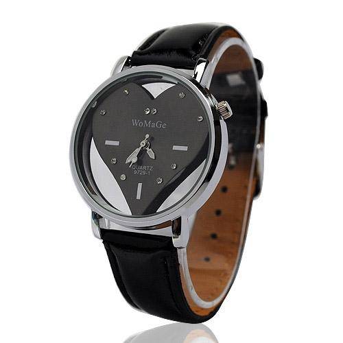 Fashion Elegant Heart Shaped Rhinestone Quartz Wrist Leather Watch Black