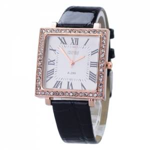 A-299 Rhinestone Quartz Watch with Square Dial PU Leather Band-Black band